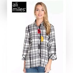 Ali Miles Plaid Button-Up Tunic Shirt Artsy Art to Wear Colorful Patches Medium